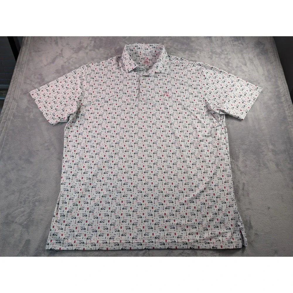 Rhoback Mens XXL Golf Cart Drink Print Performance Polo Shirt White Red Blue - Picture 2 of 8